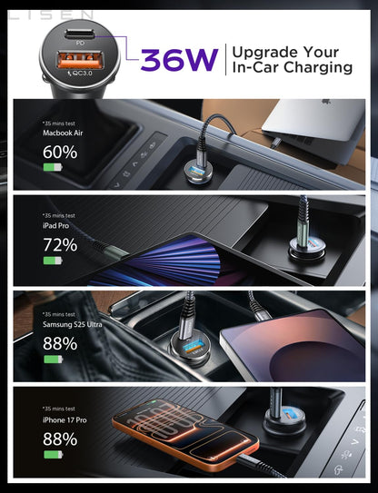 LISEN Mini USB C Auto-Ladegerät, [Aluminiumlegierung] Zigarettenanzünder-Adapter, 54W Auto-Ladegerät USB C Schnellladegerät, Auto Handy-Ladegerät, 12V USB-Steckdose, Auto-Zubehör für iPhone 17 16 Pro Max Air 15 Galaxy