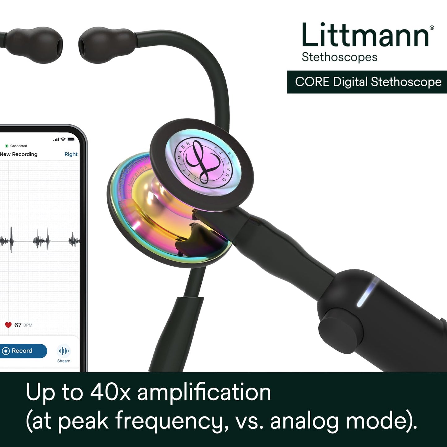 3M Littmann CORE Digital Stethoscope, Our Most Advanced Stethoscope Yet, Up To 40x Amplification, Active Noise Cancellation, In-App Sound Wave Visualization, High Polish Copper Chestpiece, 8870