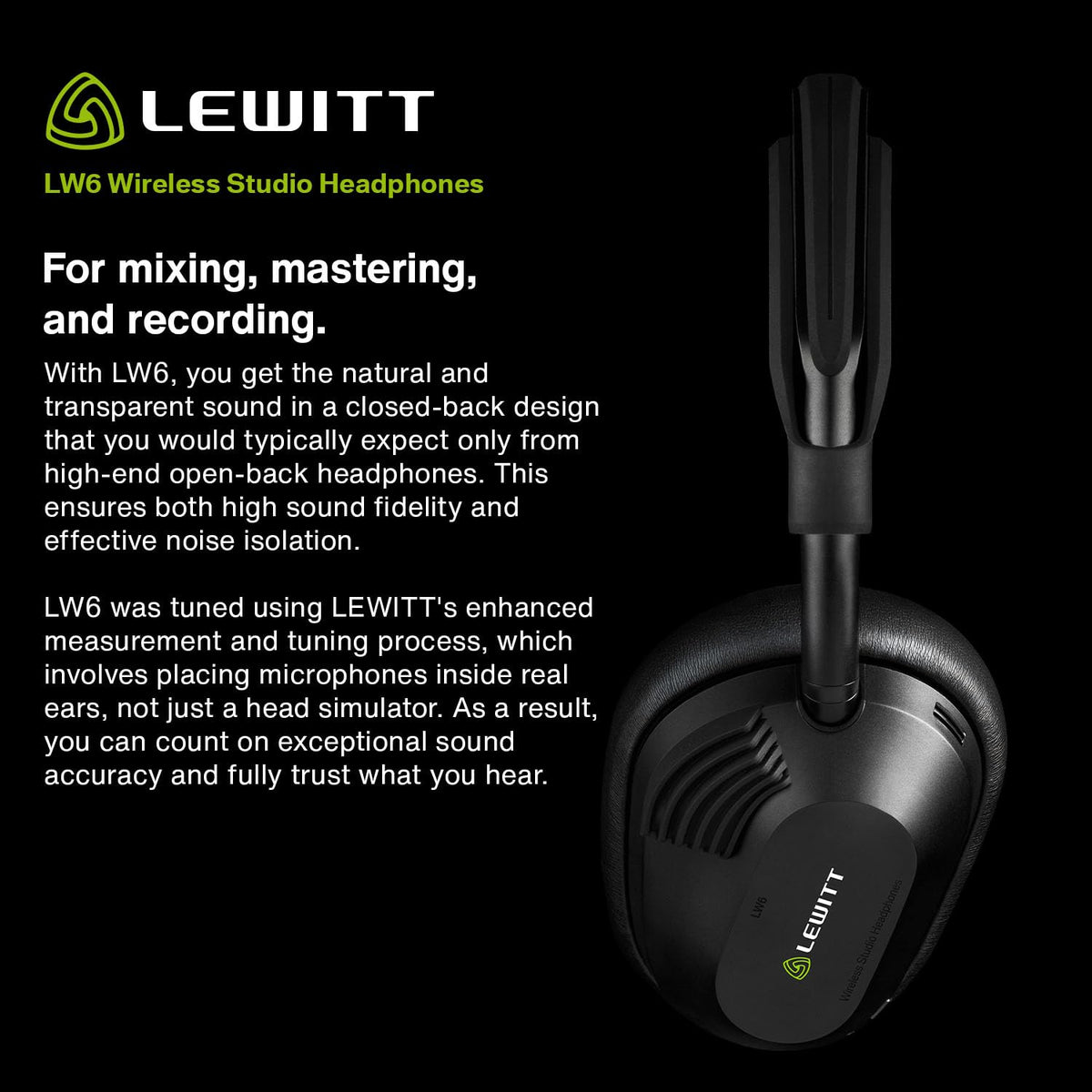 Lewitt LW6 Wireless Studio Headphones with Uncompressed, Ultra-Low Latency Audio and Premium Sound Quality - Ideal for Professional Mixing, Mastering, Monitoring, and Audio Recording.