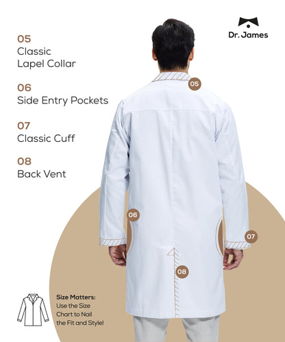 Dr. James 100% Cotton Unisex Lab Coat – White Medical Coat, Classic Fit, 2 Hip Pockets & 1 Chest Pocket, Concealed Snaps