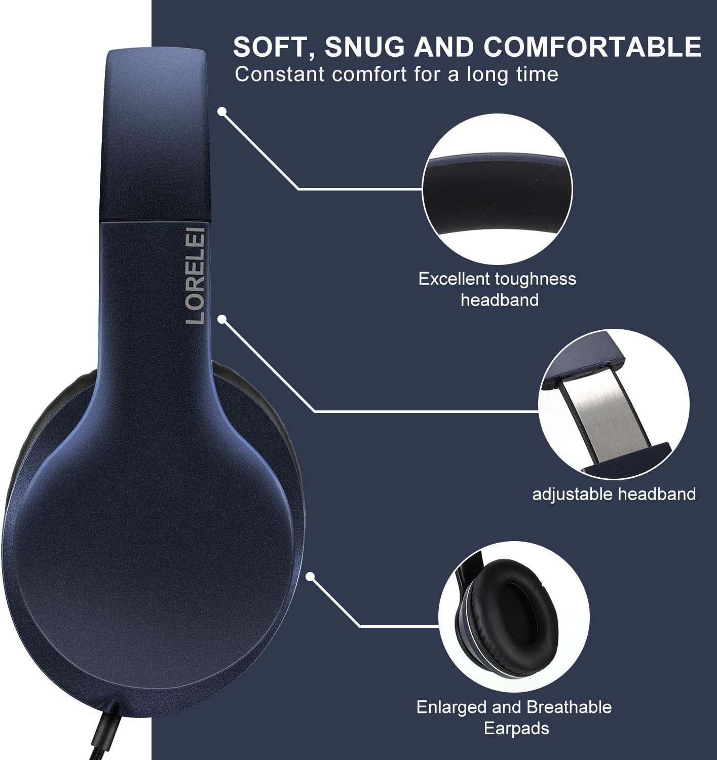 LORELEI X6 Over-Ear Kabelgebundene Stereo-Bass-Kopfhörer mit Mikrofon, Leicht, Faltbar & Portabel mit 1,45M Kabel ohne Verheddern für Smartphone, Tablet, MP3/4, Space Black