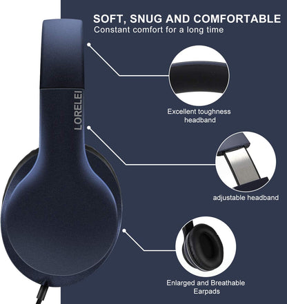 LORELEI X6 Over-Ear Kabelgebundene Stereo-Bass-Kopfhörer mit Mikrofon, Leicht, Faltbar & Portabel mit 1,45M Kabel ohne Verheddern für Smartphone, Tablet, MP3/4, Space Black