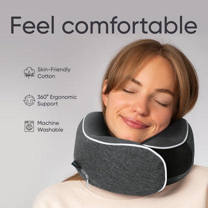 Proglobe Orthopädisches Nackenkissen Reise-Nackenkissen für Flugzeuge, Memory Foam Kit, aktualisiertes Ruhematerial, Flugreise-Set mit 3D-konturierter Augenmaske, Ohrstöpseln und luxuriösem Netzbeutel (Grau)