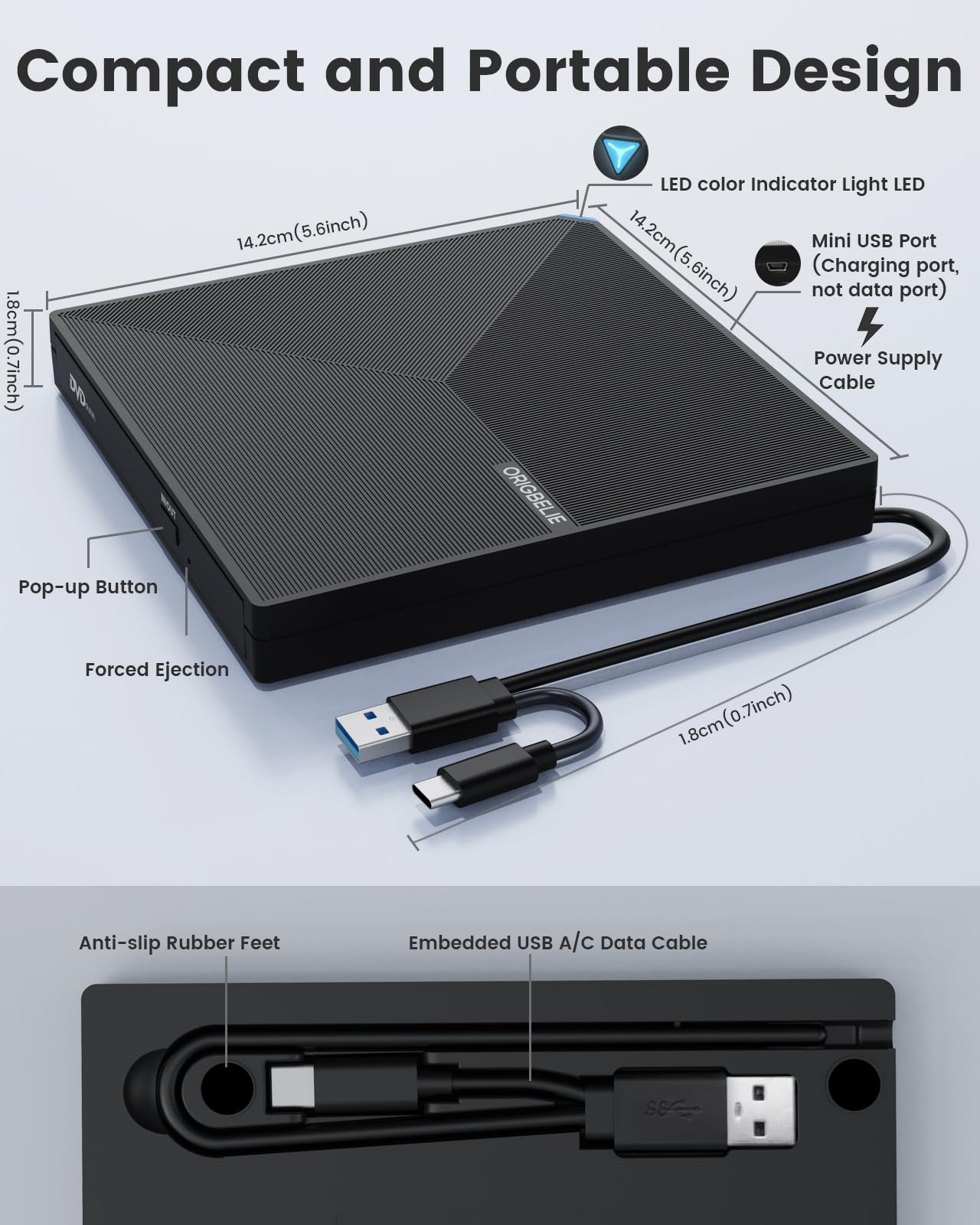 ORIGBELIE externes DVD-Laufwerk, CD-Laufwerk USB 3.0 Typ-C CD/DVD ROM +/-RW Adapter mit USB-Anschluss DVD-Brenner für Laptop, PC, Desktop-Computer, optisches Laufwerk CD-Player kompatibel mit Mac Windows Linux