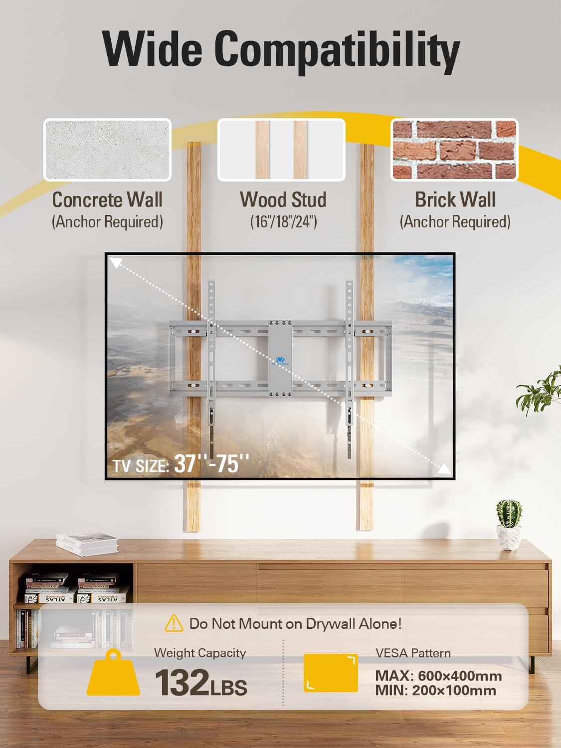Mounting Dream TV-Wandhalterung für die meisten 37-75-Zoll-Fernseher, universelle neigbare TV-Halterung passend für 16", 18", 24" Ständer mit Tragkraft 132lbs, Max Vesa 600 x 400mm, flache TV-Wandhalterung mit niedrigem Profil