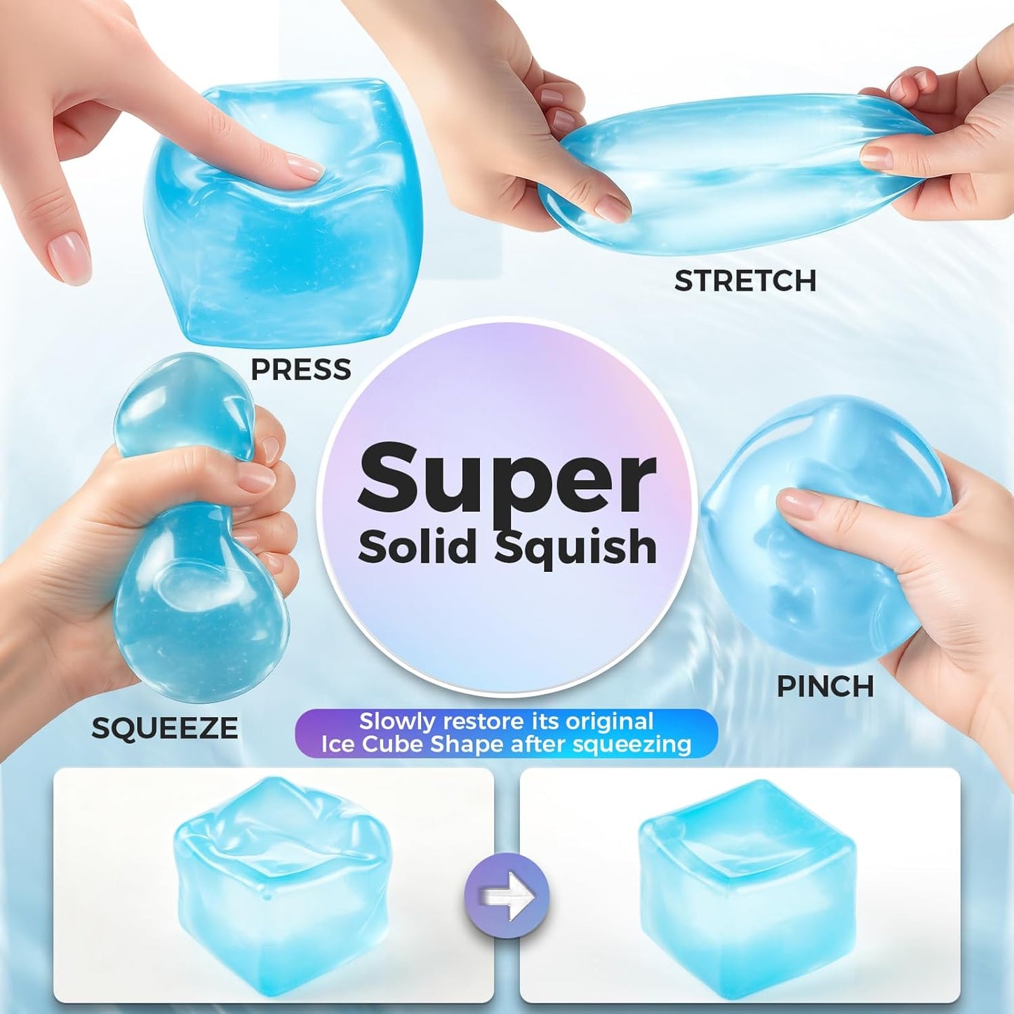 Ice Cube Squishy Fidget Toy – Slow Rise Squeeze Sensory Toys, Multiple Ways to Play, Stress Ball for Anxiety Relief, Focus Enhancement, Brain Relaxation & Strength Fostering