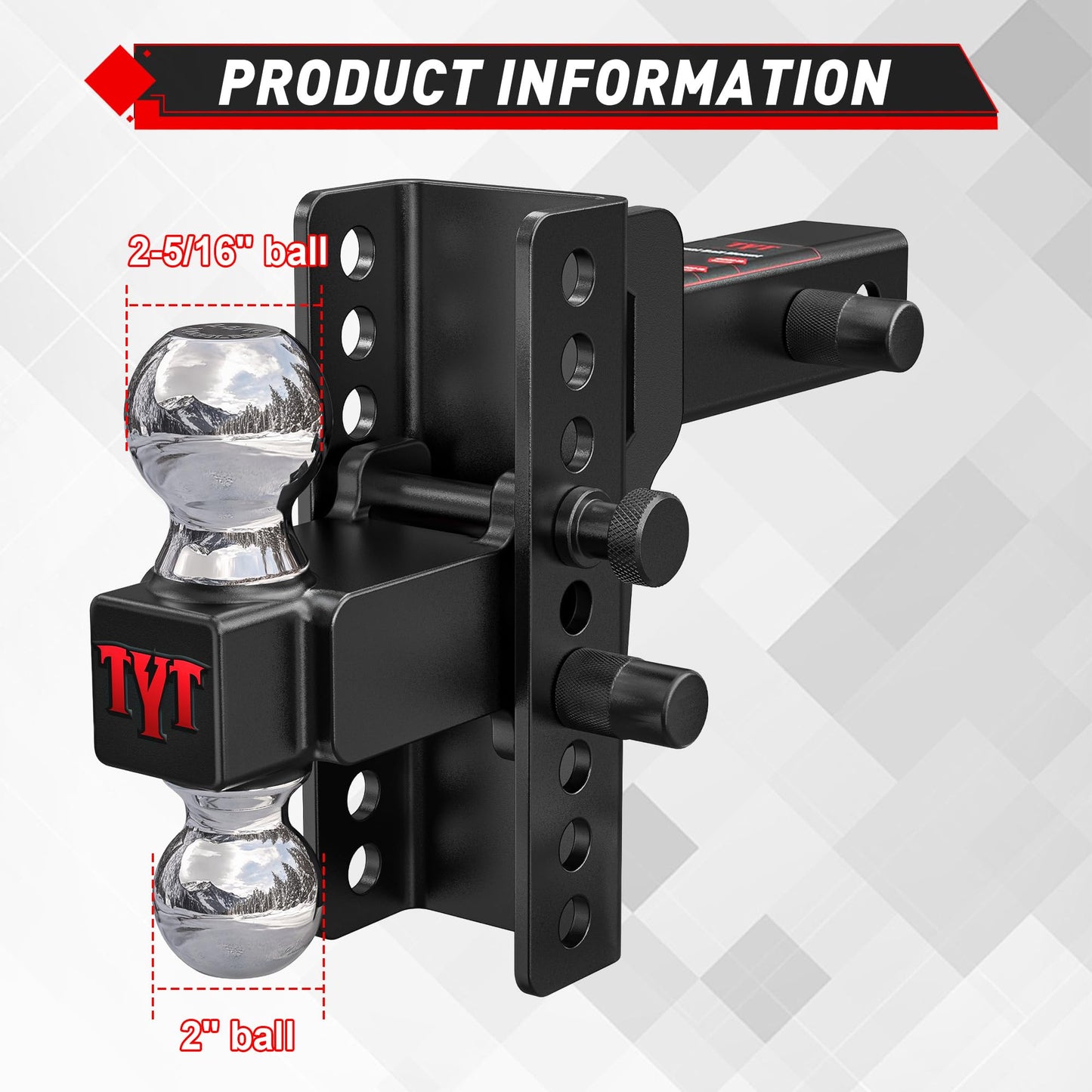 TYT Adjustable Truck Trailer Hitch for 2 inch Receiver, 6" Drop/Rise Tow Hitch with Dual Balls (2" & 2-5/16"), Compatible with Heavy-Duty Trailer Systems up to 20,000 lbs, Includes Hitch Tightener