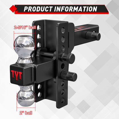 TYT Adjustable Truck Trailer Hitch for 2 inch Receiver, 6" Drop/Rise Tow Hitch with Dual Balls (2" & 2-5/16"), Compatible with Heavy-Duty Trailer Systems up to 20,000 lbs, Includes Hitch Tightener