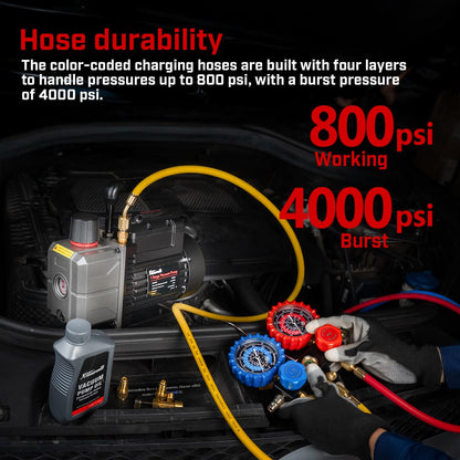 XtremepowerUS 3CFM 1/4HP Vacuum Pump HVAC R134a, R12, R22, R410a, A/C Refrigeration R134 Can Tap Adapter, R134 Quick Connector AC Manifold Gauge Air Conditioner Oil Bottle w/Bag
