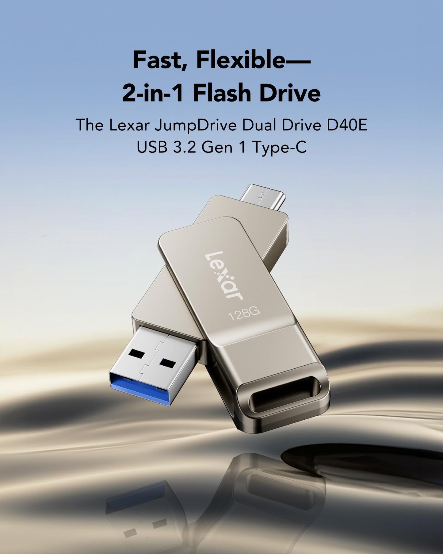 Lexar D40E 128GB Dual USB 3.2 Gen 1 Type-C Jump Drive, USB-C Flash Laufwerk Metallgehäuse Drehdesign (Champagne Silber)