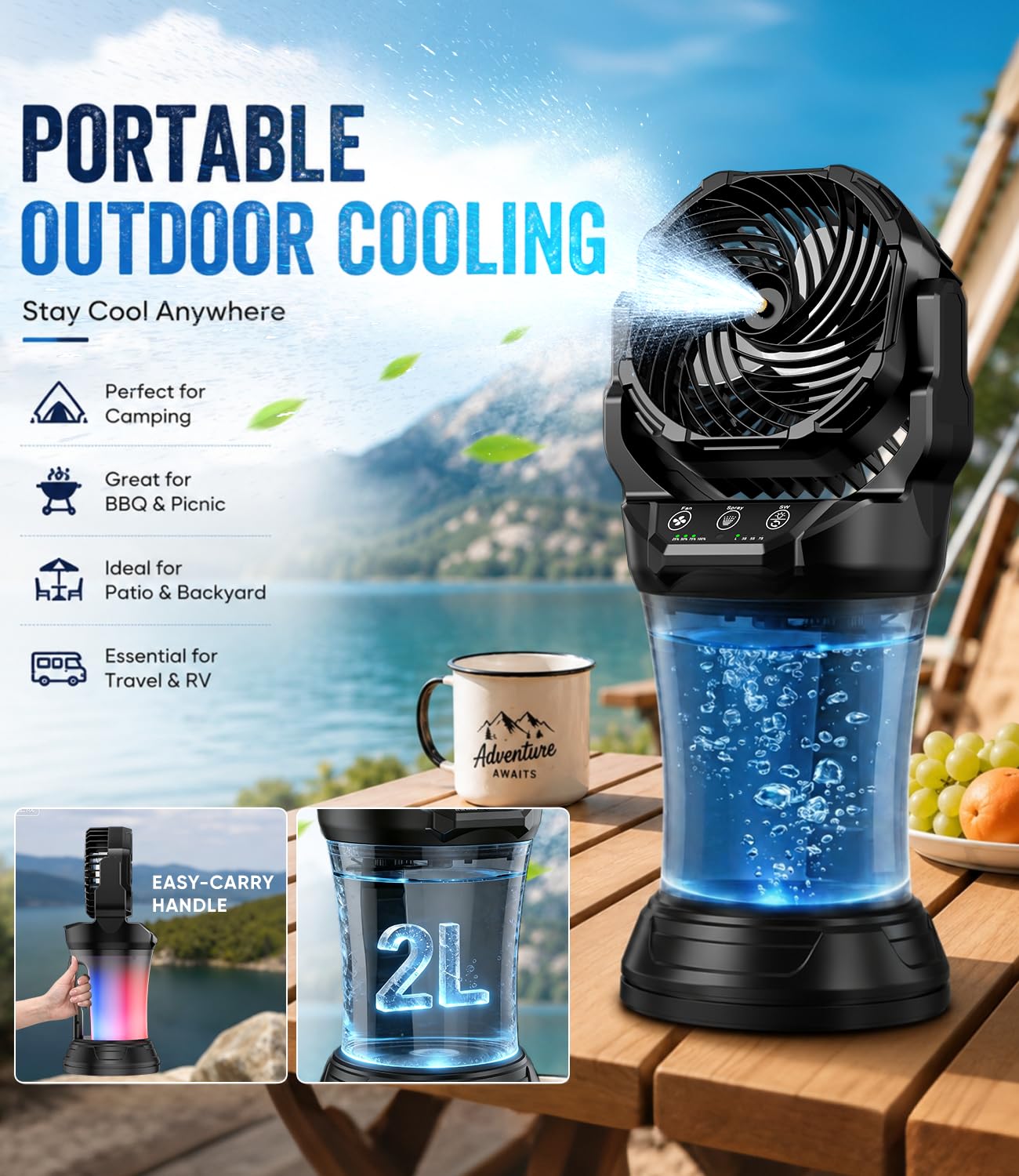 Misting Fan for Outside, 30,000mAh Rechargeable Mister Fan with Remote & RGB Lights, 2L Tank & 2 Extra Nozzles, 4 Speeds Mist Modes for Extreme Cooling Effect, Ideal for Camping, Patio, Backyard