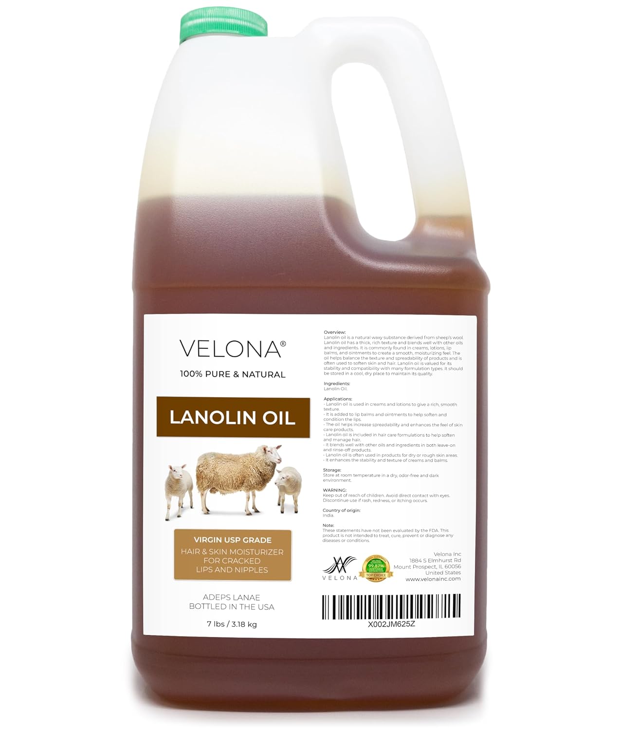 velona Lanolin Oil USP Grade 7 lb | 100% Pure and Natural Carrier Oil | Refined, Cold pressed | Skin, Hair, Body & Face Moisturizing | Use Today - Enjoy Results