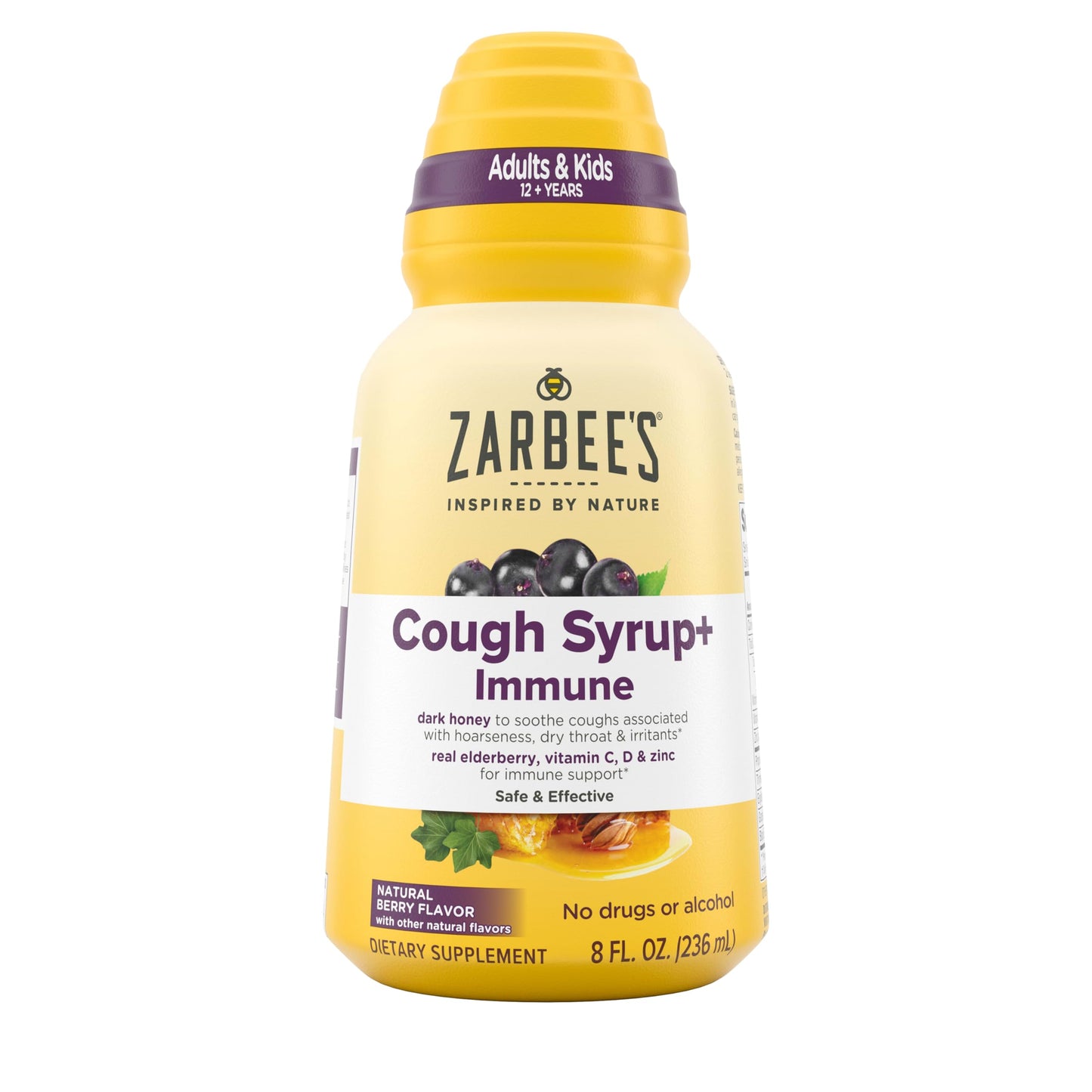 Zarbee's Honey Cough Syrup + Immune for Adults & Children 12+, Cough Syrup with Dark Honey, Real Elderberry, Vitamin C, D & Zinc for Immune Support*, Drug-& Alcohol-Free, Berry, 8 fl. oz (Pack of 2)