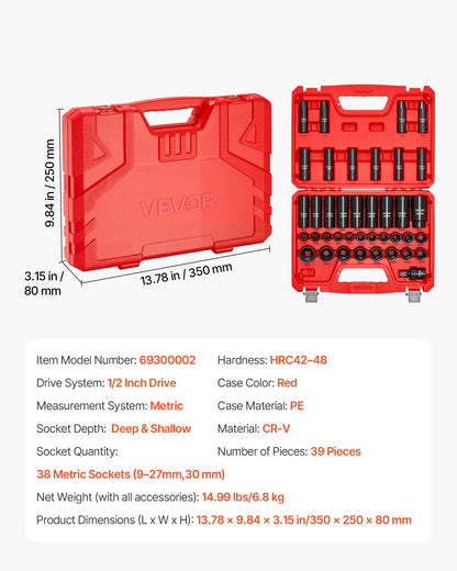VEVOR 91-Piece 1/2" Drive Impact Socket Set, SAE (5/16" to 1-1/4") & Metric (8 to 32 mm), CR-V, Deep & Shallow, 6 Point, Ratchet Handle, Universal Joint, Adapters, Extension Bars (3, 5, 10 in)