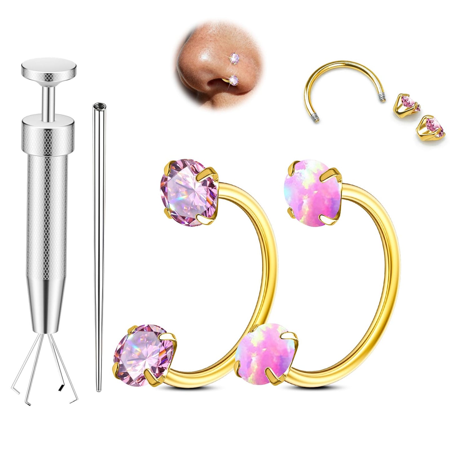 Opal Nose Ring Studs Horseshoe Nose Rings Hoops Stud 316L Stainless Steel Nose Rings Round CZ Square Screw L Shaped Nose Stud Hypoallergenic Nostril Piercing Jewelry for Women Men
