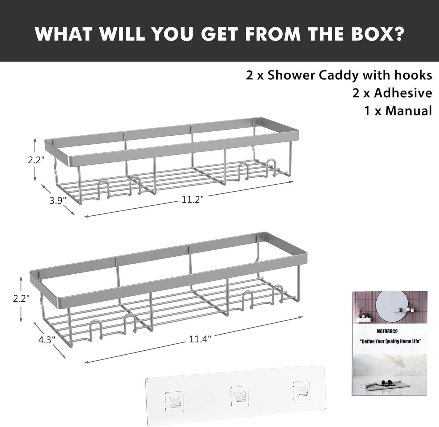 Moforoco Shower Caddy Shelf Organizer Rack, Self Adhesive Black Bathroom Shelves Basket, Home Farmhouse Wall Shower Inside Organization and Storage Decor Rv Accessories, First Apartment Essentials
