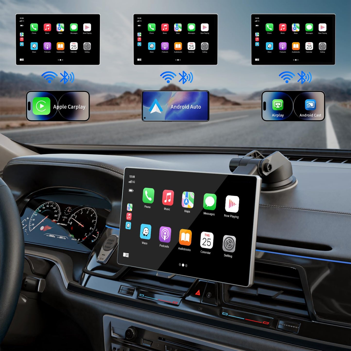 Madoec Tragbarer Apple Carplay Bildschirm fürs Auto, 9" Kabelloses Apple Carplay & Android Auto, 4K Dashcam, 1080p Rückfahrkamera DVR, Autoradio Empfänger GPS Navigation Mirror Link, Bluetooth, FM, Siri
