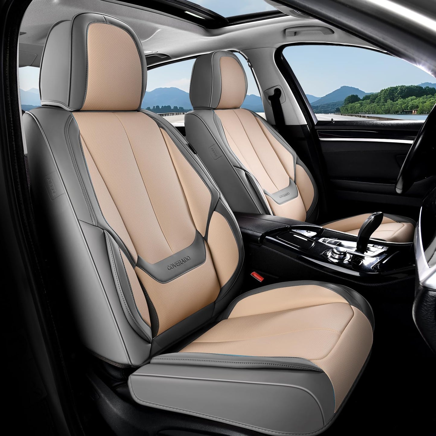 Coverado Car Seat Covers 5 Pieces, Full Set Universal Seat Covers for Cars, Waterproof Nappa Leather Auto Seat Protectors with Head Pillow, Car Interiors Fit for Most Sedans SUV Pick-up Truck, Black