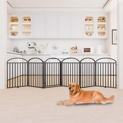 SNUOWU 4 Panels Full Matel Freestanding Dog Gates with Door, 96"Extra Wide 36"Tall Free Standing Dog Pet Gate for Indoor & Outdoor. Foldable Pet Fences for Doorways, House, Stairs, Porch, Deck, Yard