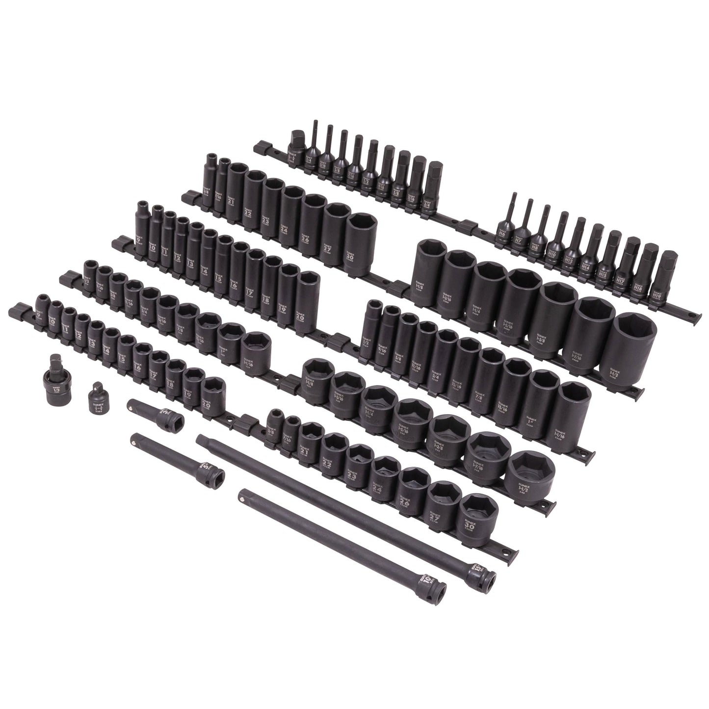 SUNEX Tools 80 Piece 3/8 in. Drive Master Impact Socket Set, Universal, Star, External Star, Extensions, Universal Joint, SAE and Metric, 8mm to 19mm and 5/16 in. to 3/4 in., CR-MO Steel, Model 3580