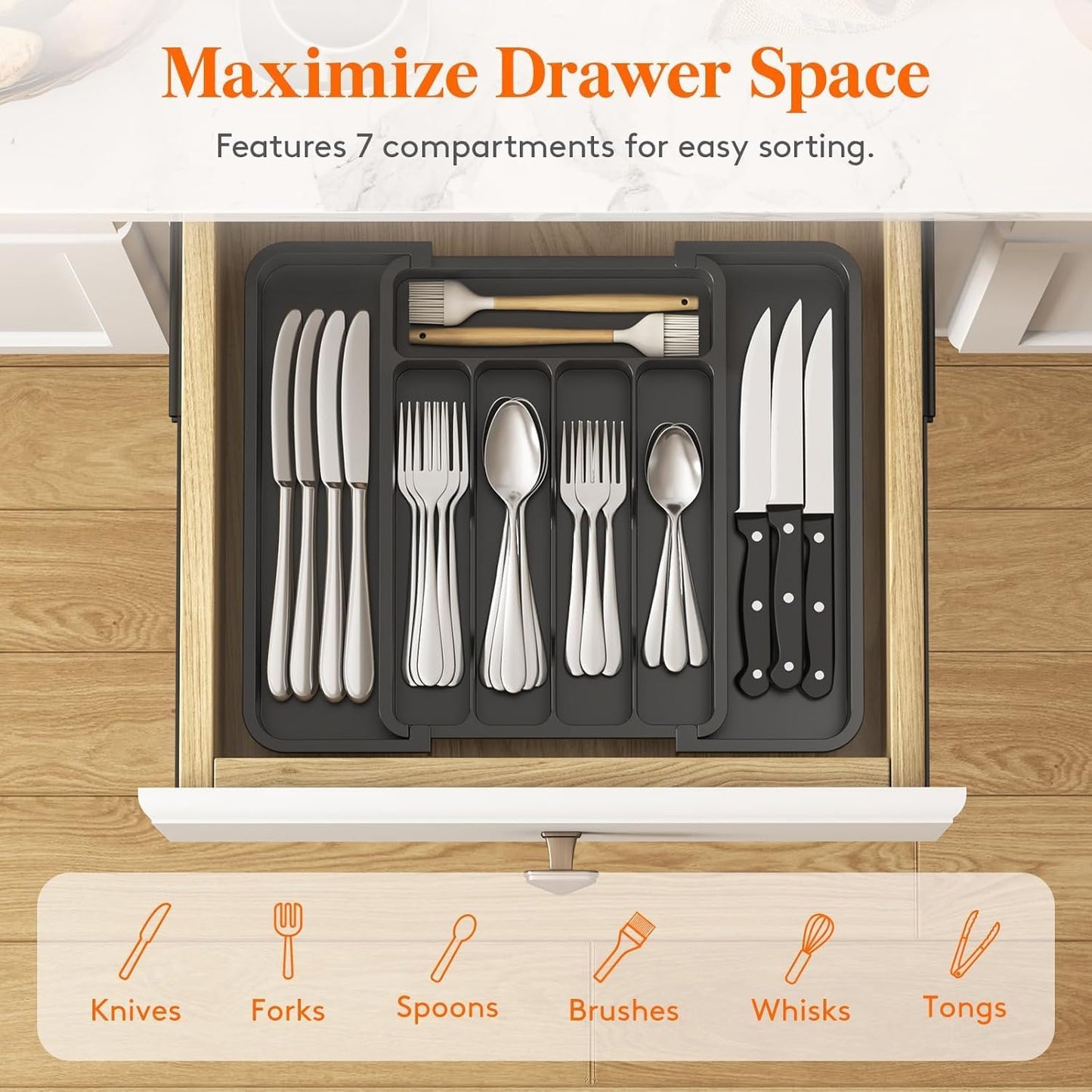 Lifewit Besteck Organizer, erweiterbarer Utensilien Organizer für die Küche, Utensilienhalter, verstellbarer Besteckkasten Schubladen Organizer für Löffel, Messer, Küchen Organizer und Aufbewahrung, Schwarz