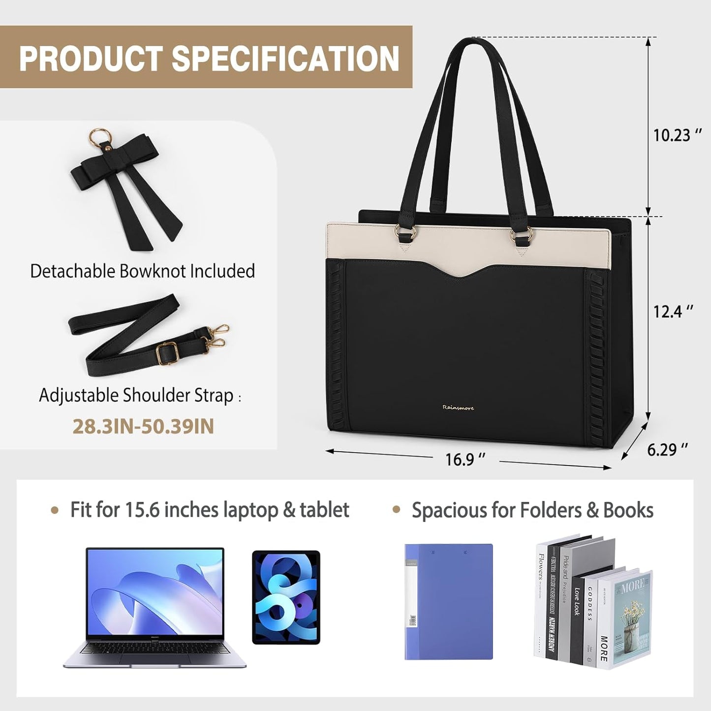 RAINSMORE Laptop Bag for Women 15.6 Inch Work Tote Bag with Detachable Strap & Bow Leather Laptop Tote with Cup Holder