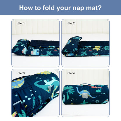 PHF Toddler Nap Mat with Removable Pillow and Minky Blanket, Rollup Design Kids Sleeping Mat, Slumber Bags for Boys, 55"x23" Toddler Sleeping Bag for Daycare Preschool Travel Camping, Space