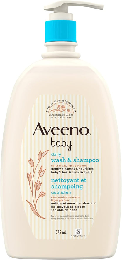 Aveeno Baby Wash and Shampoo - Gentle 2-in-1 Body Wash with Natural Oat Extract for Sensitive Skin - Tear-Free, Hypoallergenic Cleanser, Free from Parabens, Sulfates & Dyes - 975ml