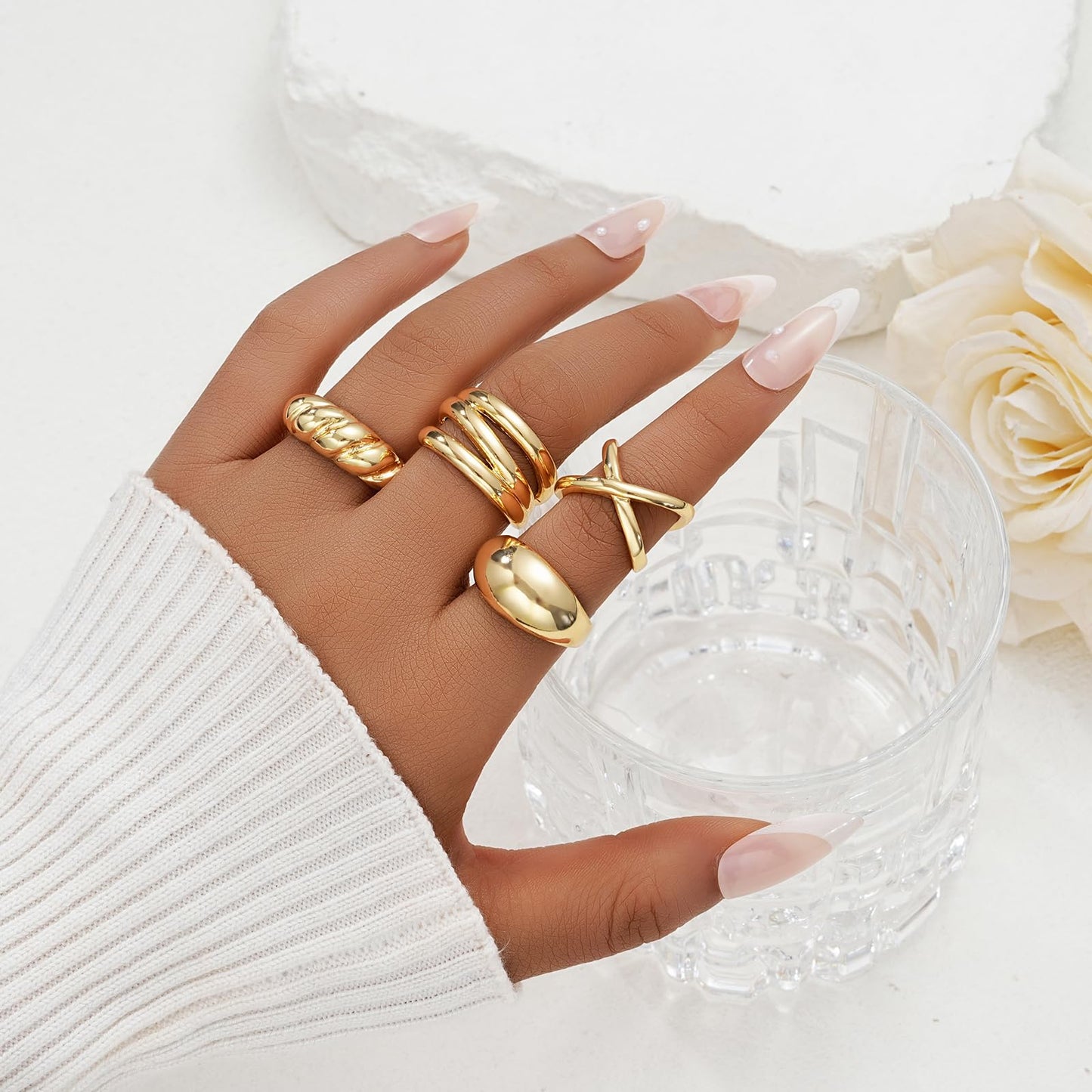 YEEZII Chunky Gold Rings for Women Non Tarnish, 18K Gold Plated Stackable Thumb Ring, Statement Women Rings Set