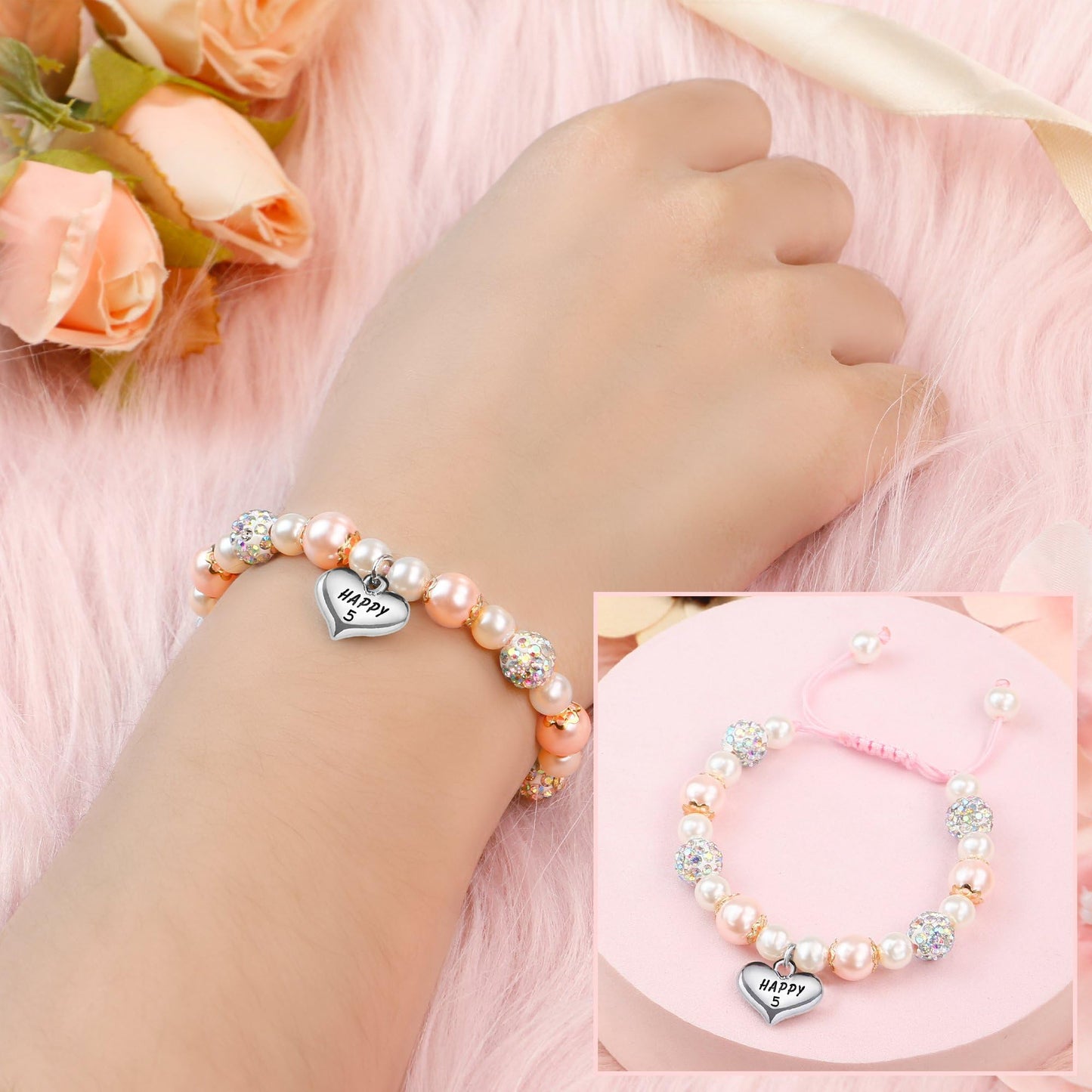 Sereney 5 Jahre altes Mädchen Geburtstagsgeschenkideen, verstellbares rosa-weißes Perlenarmband als Fünf-Jahres-5-Jahre-altes 5. Geburtstagsgeschenk für Teenager-Mädchen, Tochter, Nichte, Enkelin