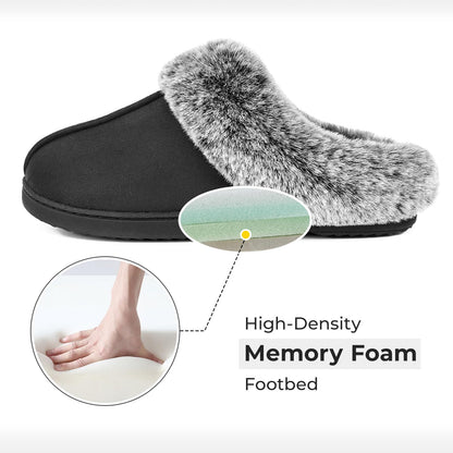 HomeTop Damen Classic Microsuede Memory Foam Hausschuhe Strapazierfähige Gummisohle mit Warmem Kunstfellkragen (9-10 M, Schwarz)