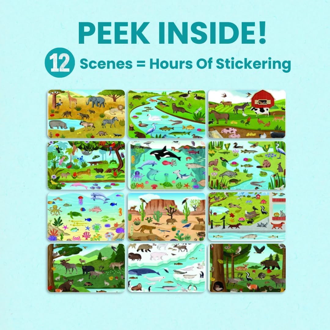 CUPKIN Animals Habitat 500+ Kids Sticker Book Toddler Airplane Travel Activity Coloring and Sticker Book, Road Trip Essentials, 12 Coloring Pages + 12 Scenes for Ages 2–8 Years