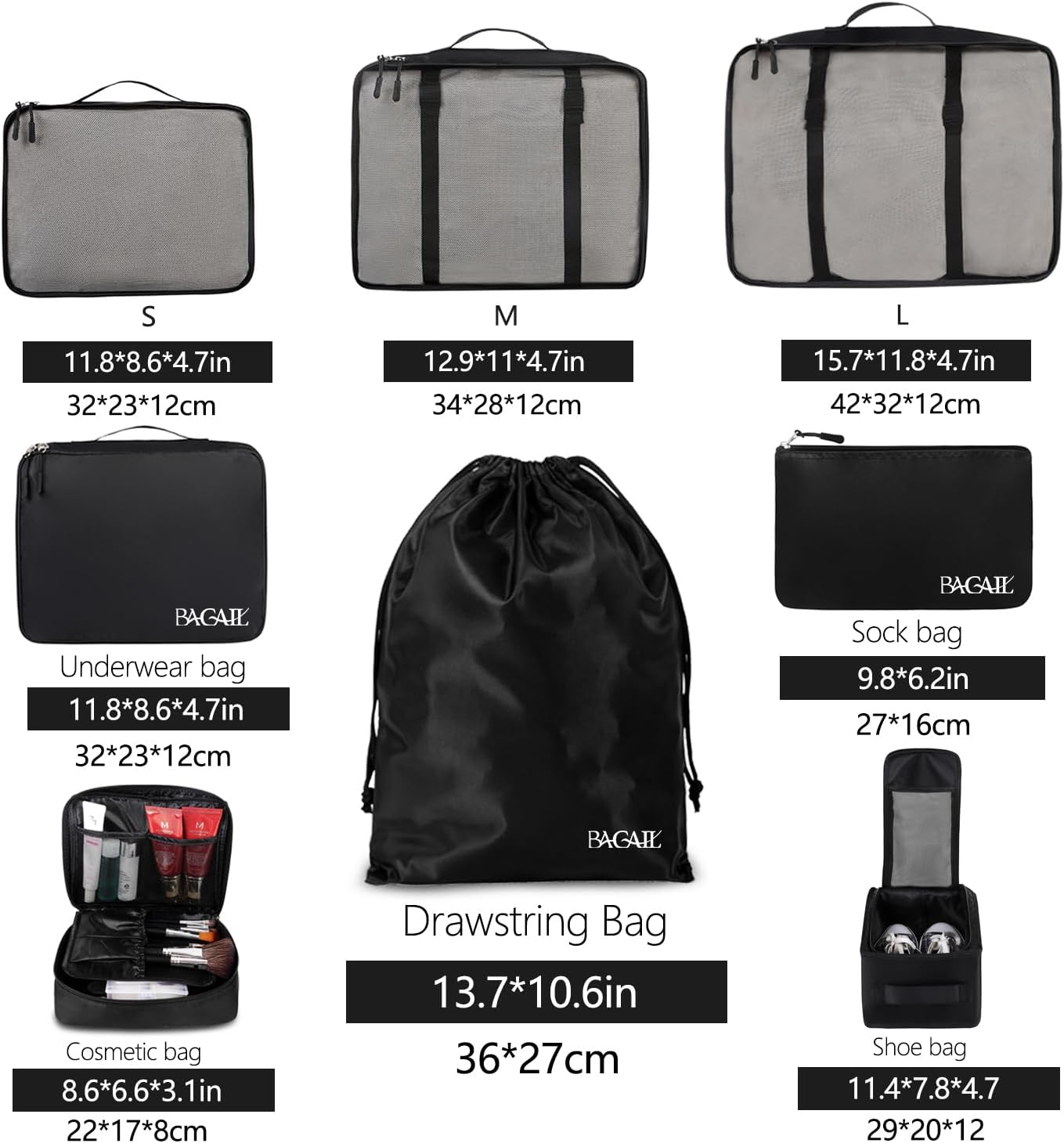 BAGAIL 8er Set Packwürfel Gepäckorganizer für Reisezubehör