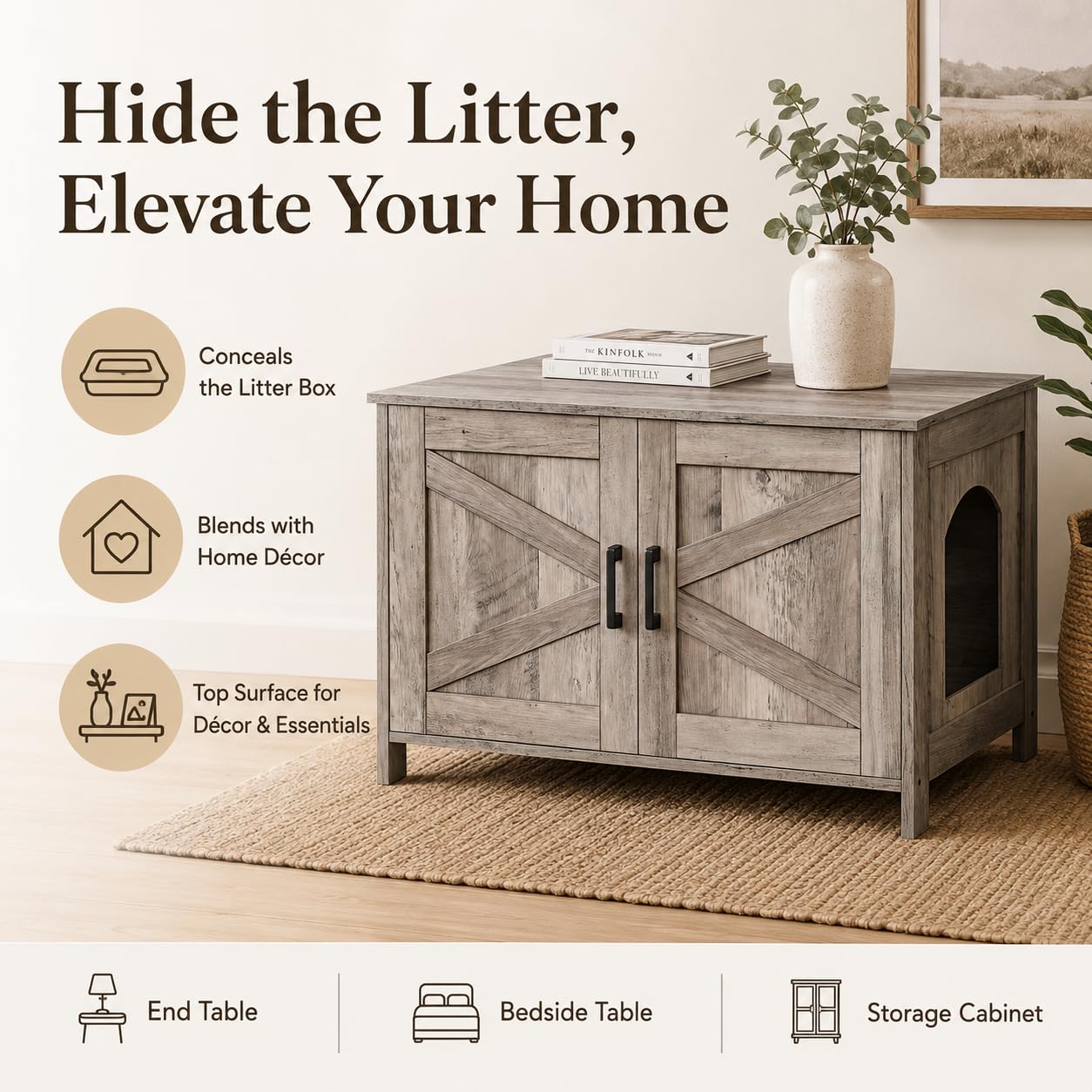 Homhedy Cat Litter Box Enclosure, Wooden Cat Washroom Furniture with Barn Door, Pet House, Fit Most of Litter Box, White