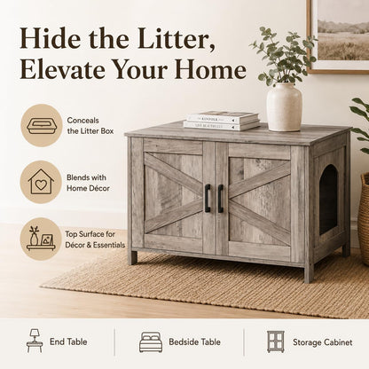 Homhedy Cat Litter Box Enclosure, Wooden Cat Washroom Furniture with Barn Door, Pet House, Fit Most of Litter Box, White
