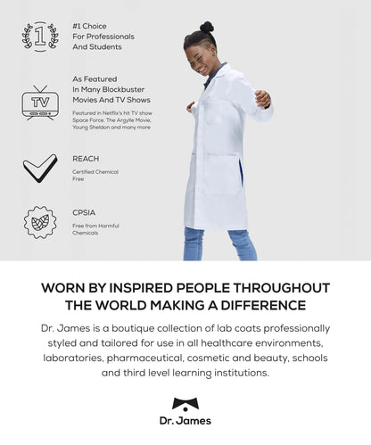 Dr. James 100% Cotton Unisex Lab Coat – White Medical Coat, Classic Fit, 2 Hip Pockets & 1 Chest Pocket, Concealed Snaps