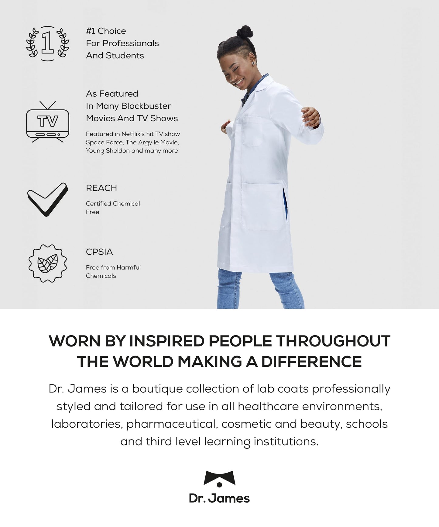 Dr. James 100% Cotton Unisex Lab Coat – White Medical Coat, Classic Fit, 2 Hip Pockets & 1 Chest Pocket, Concealed Snaps