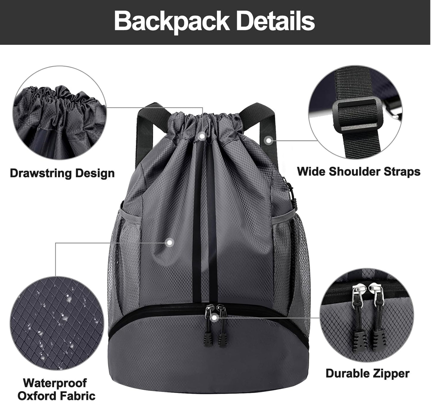 Hoedia Sports-Kordelzugrucksack – Schwimm-Turnbeutel mit Schuhfach und wasserdichter Tasche für Damen und Herren