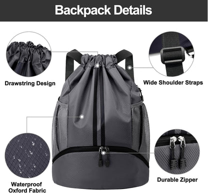 Hoedia Sports-Kordelzugrucksack – Schwimm-Turnbeutel mit Schuhfach und wasserdichter Tasche für Damen und Herren