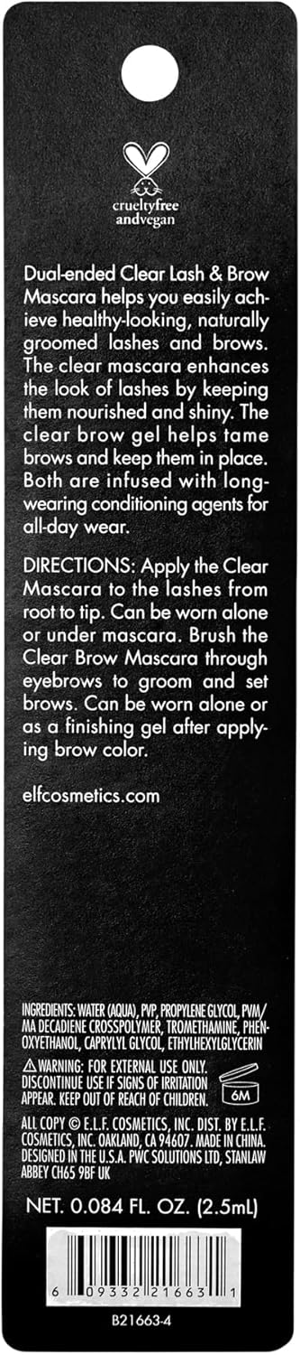 e.l.f. Transparentes Augenbrauen- & Wimpern-Mascara | Doppelseitiges, transparentes Gel | Pflegende Formel für gesunde Wimpern | 0,08 fl. oz. (2,5 ml)