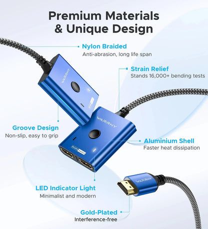 HDMI-Umschalter 2 Eingänge 1 Ausgang 4K@60Hz, WARRKY [mit 1m festem geflochtenen HDMI-Kabel, Aluminiumgehäuse, 2K@144Hz, HDCP 2.2] Bidirektionaler 2x1 Switcher Splitter kompatibel mit PS5/4, Xbox, Roku, FireStick, Switch