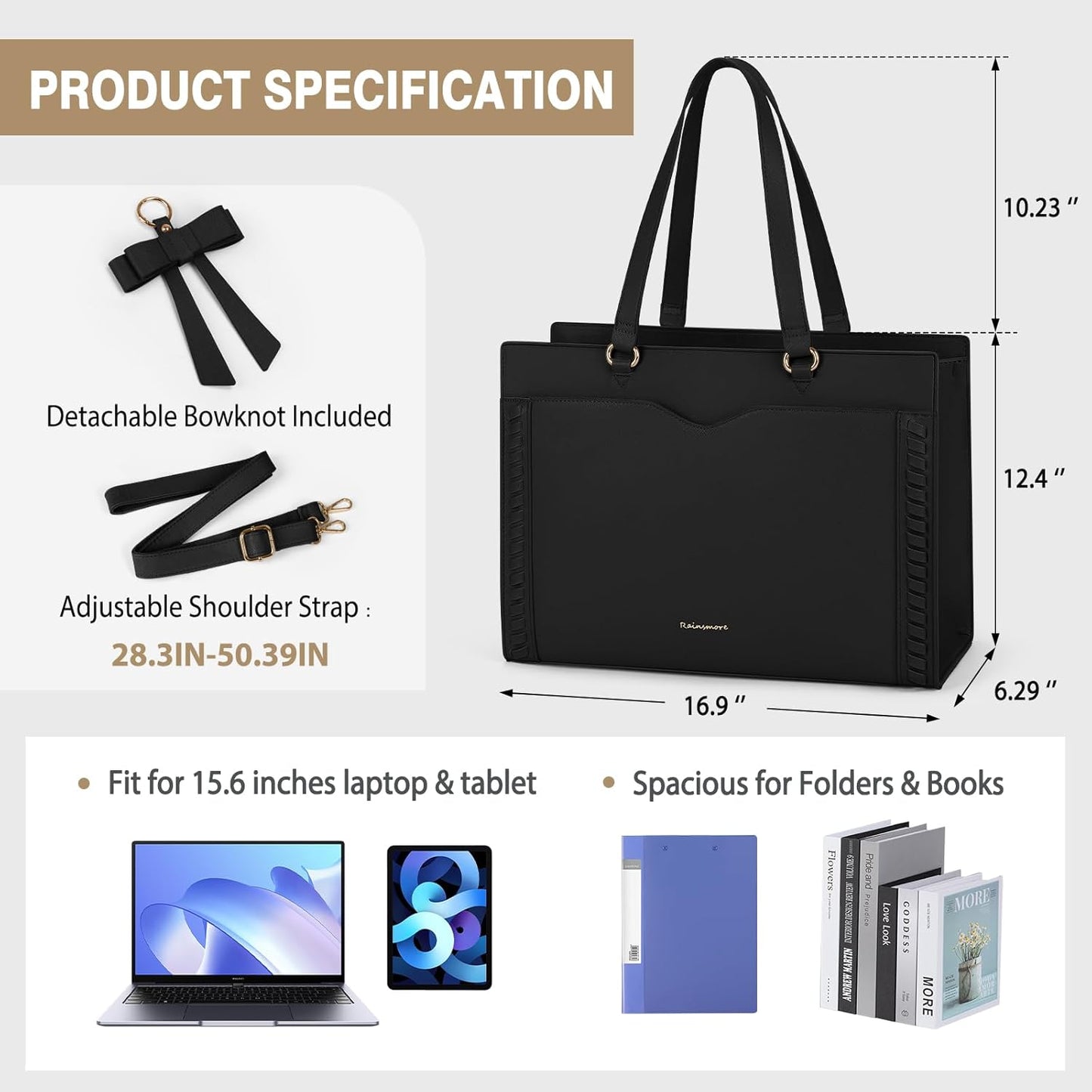 RAINSMORE Laptop Bag for Women 15.6 Inch Work Tote Bag with Detachable Strap & Bow Leather Laptop Tote with Cup Holder