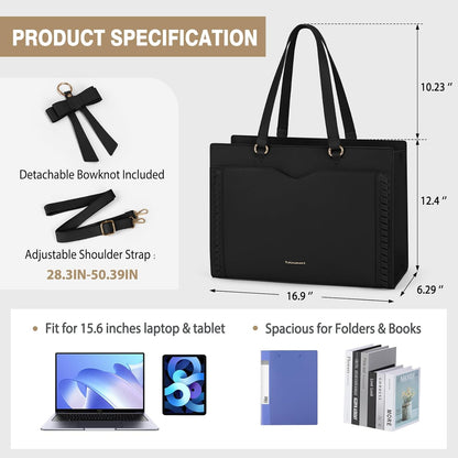 RAINSMORE Laptop Bag for Women 15.6 Inch Work Tote Bag with Detachable Strap & Bow Leather Laptop Tote with Cup Holder
