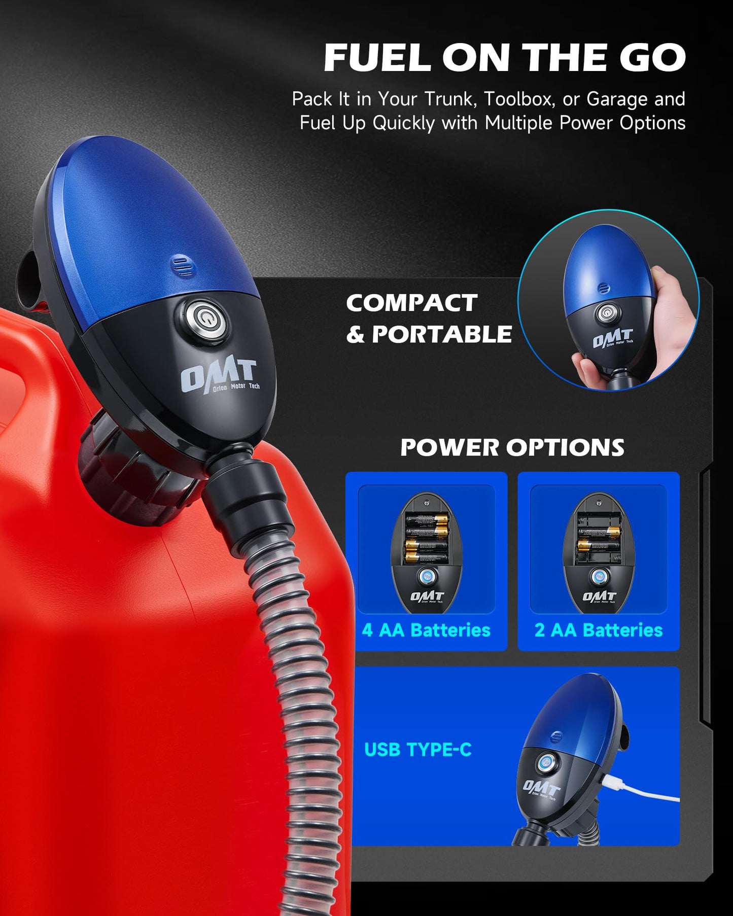 Orion Motor Tech Electric Fuel Transfer Pump with Auto-Shutoff, 3.2GPM Gas Can Pump, 51" Hose, USB-C & AA Battery (NO BATTERIES INCLUDED) Powered, 4 Adapters for Gasoline, Diesel, Kerosene, Blue