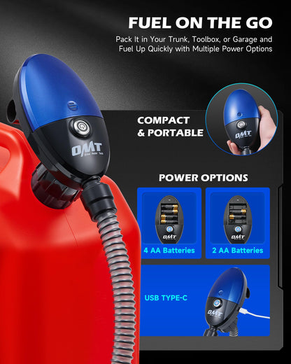 Orion Motor Tech Electric Fuel Transfer Pump with Auto-Shutoff, 3.2GPM Gas Can Pump, 51" Hose, USB-C & AA Battery (NO BATTERIES INCLUDED) Powered, 4 Adapters for Gasoline, Diesel, Kerosene, Blue