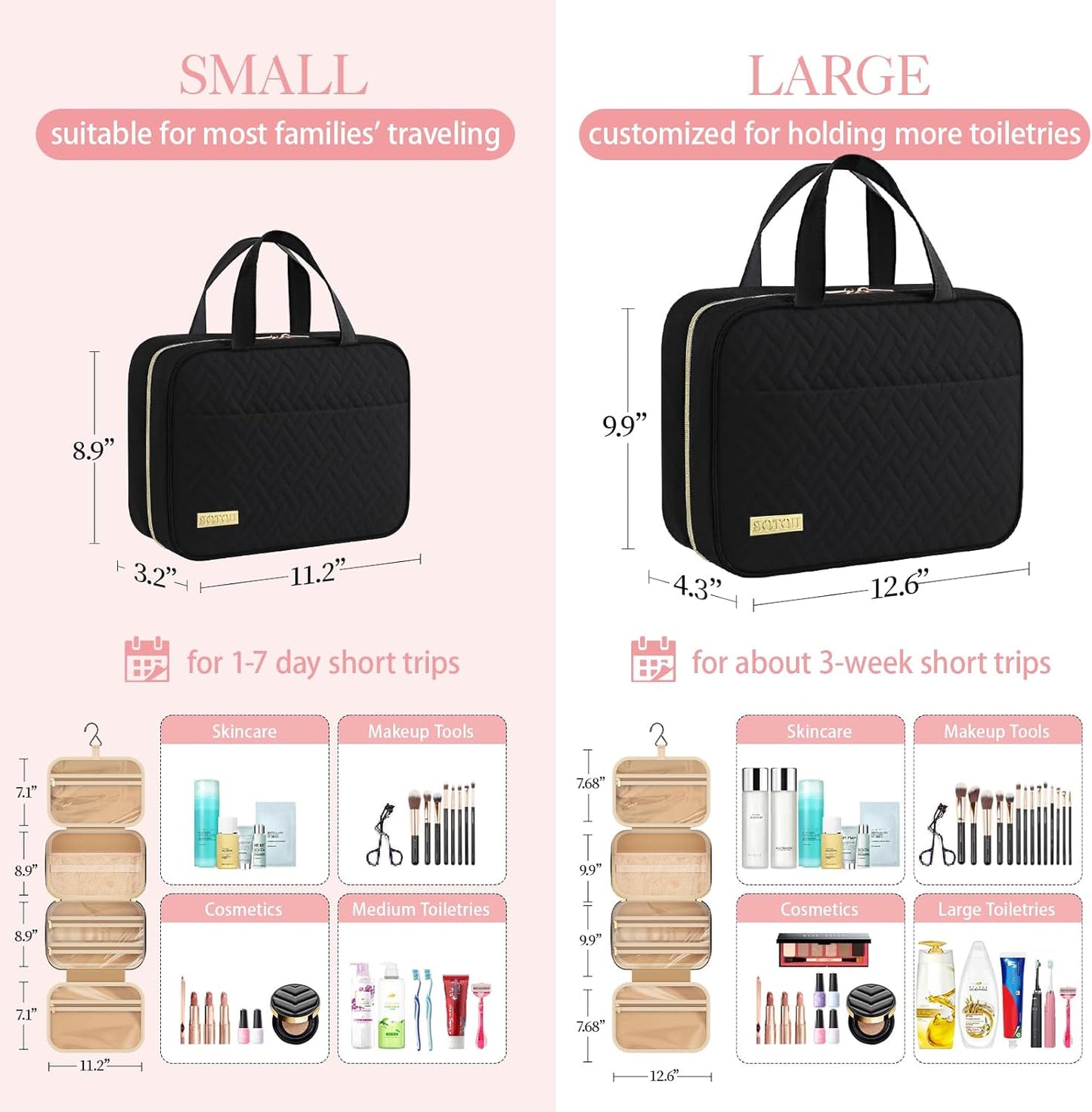 HOTOR Kulturtasche für Reisen - Kulturtasche mit Aufhängehaken für Damen & Herren, Kosmetiktasche/Großes Fach, Wasserdicht für Reiseaccessoires, Reiseutensilien, Klein, Schwarz