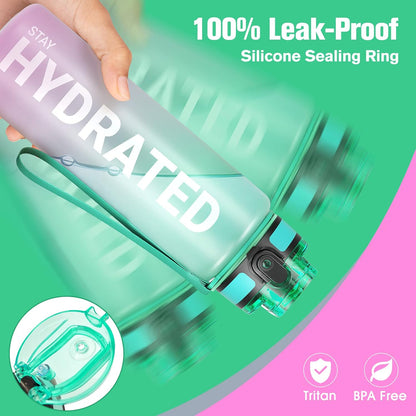 Sahara Sailor Trinkflasche, 950ml Motivations-Sportflasche mit Zeitmarkierung – Trinkzeiten – Tritan, BPA-frei, weite Öffnung auslaufsicher, Fast-Flow-Technologie mit Reinigungsbürste (1 Flasche)