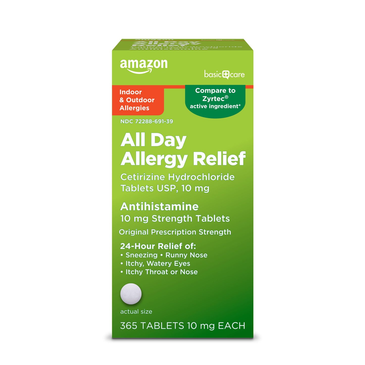 Amazon Basic Care All Day Allergy,Cetirizine Hydrochloride Tablets,10 mg,24-Hour Relief for Sneezing,Runny Nose,Itchy Eyes&Throat,Indoor&Outdoor Allergy Relief,30 Count (Packaging may vary)(Pack of 2)