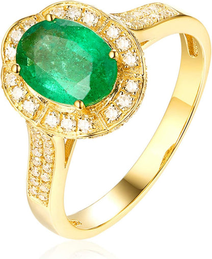 Aienid 18Ct Yellow Gold Wedding Bands for Women 1.01Ct Green Oval Cut Emerald with Diamond Inaly Wedding Rings for Women