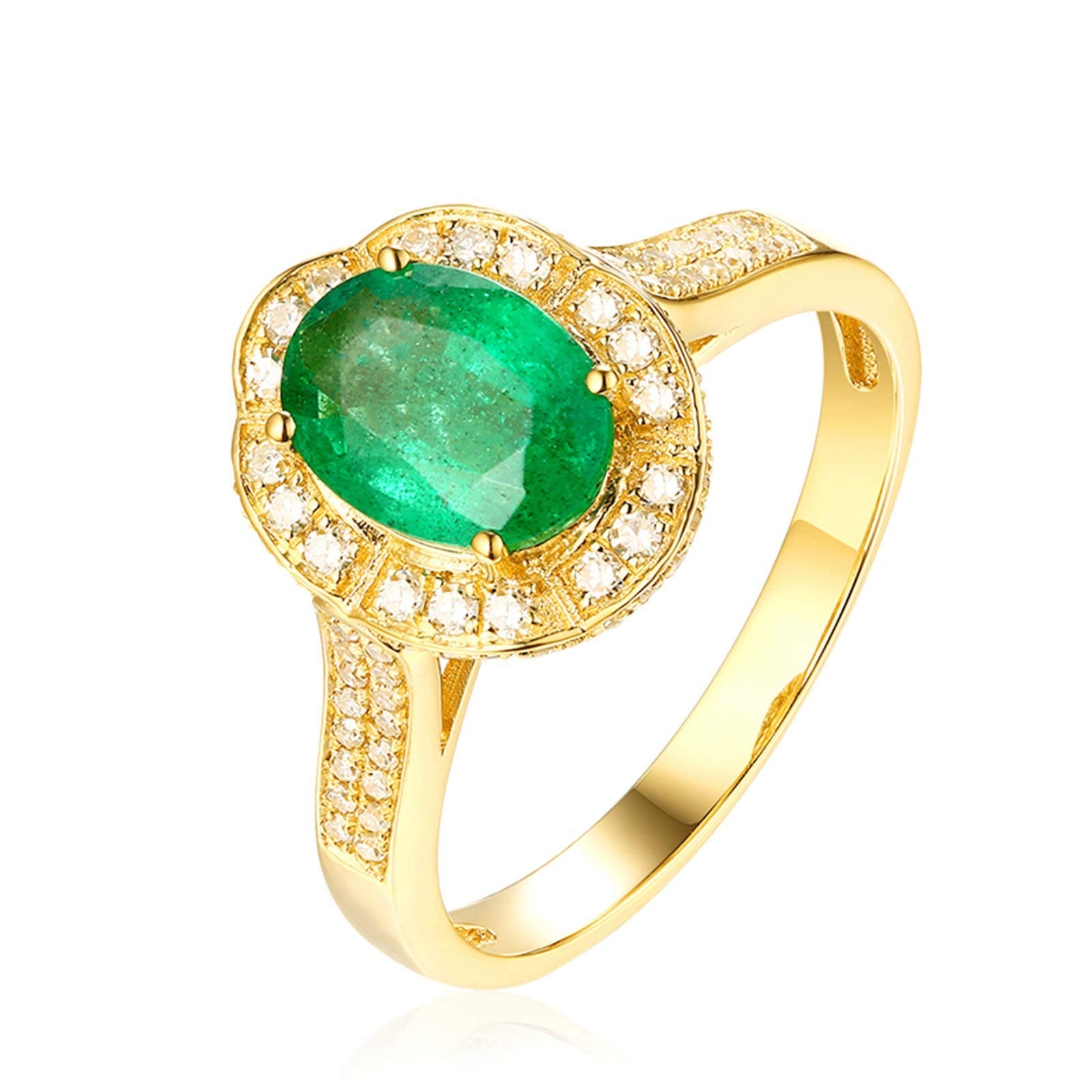 Aienid 18Ct Yellow Gold Wedding Bands for Women 1.01Ct Green Oval Cut Emerald with Diamond Inaly Wedding Rings for Women